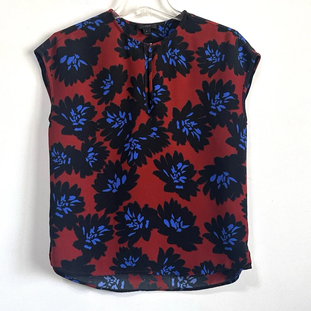 J Crew Firework Floral Top Shirt 0 Red Blue Keyhole Neck Cap Sleeve Work‎ Party